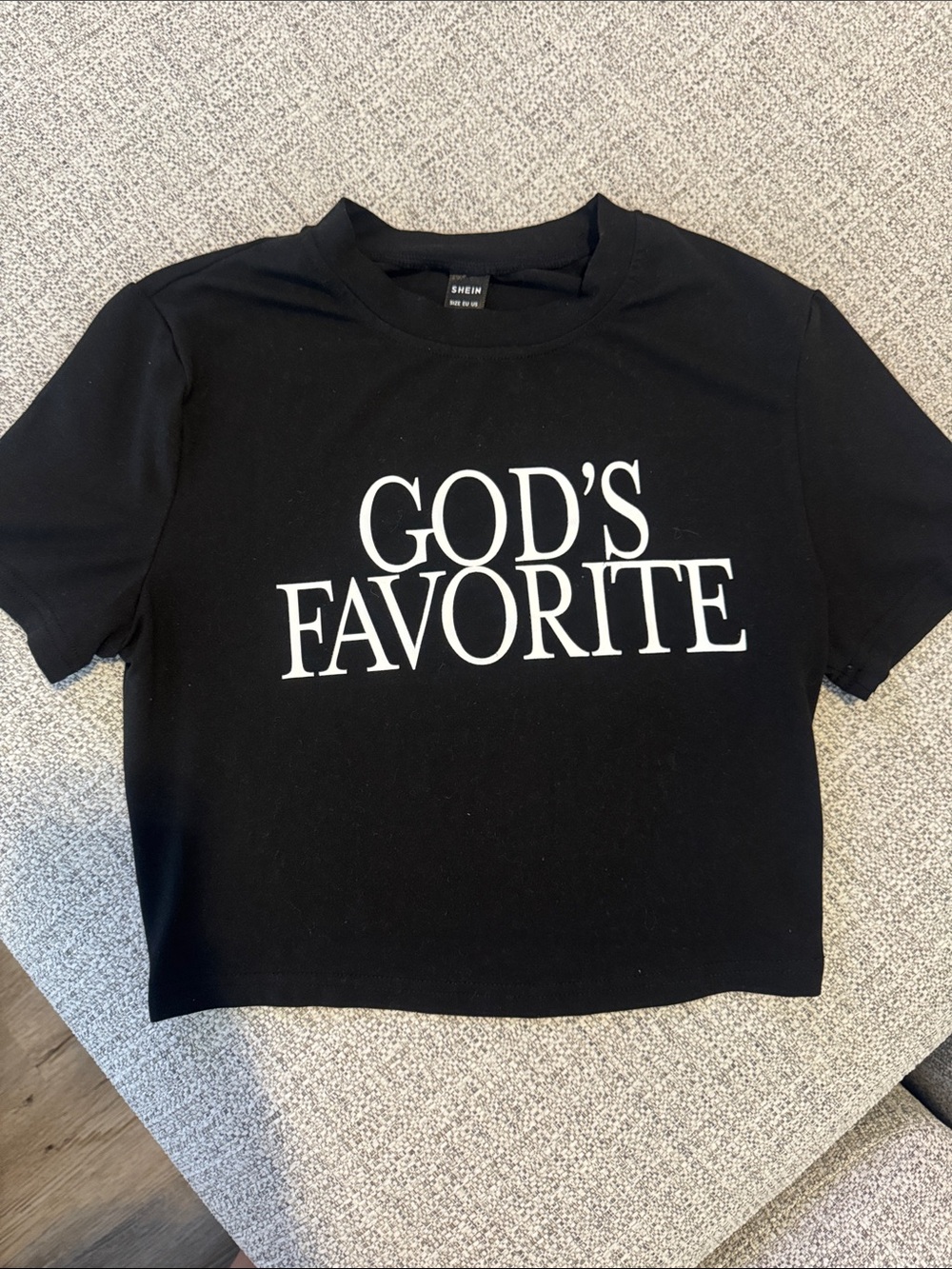 SHEIN Black Tee with White "GOD'S FAVORITE" Graphic